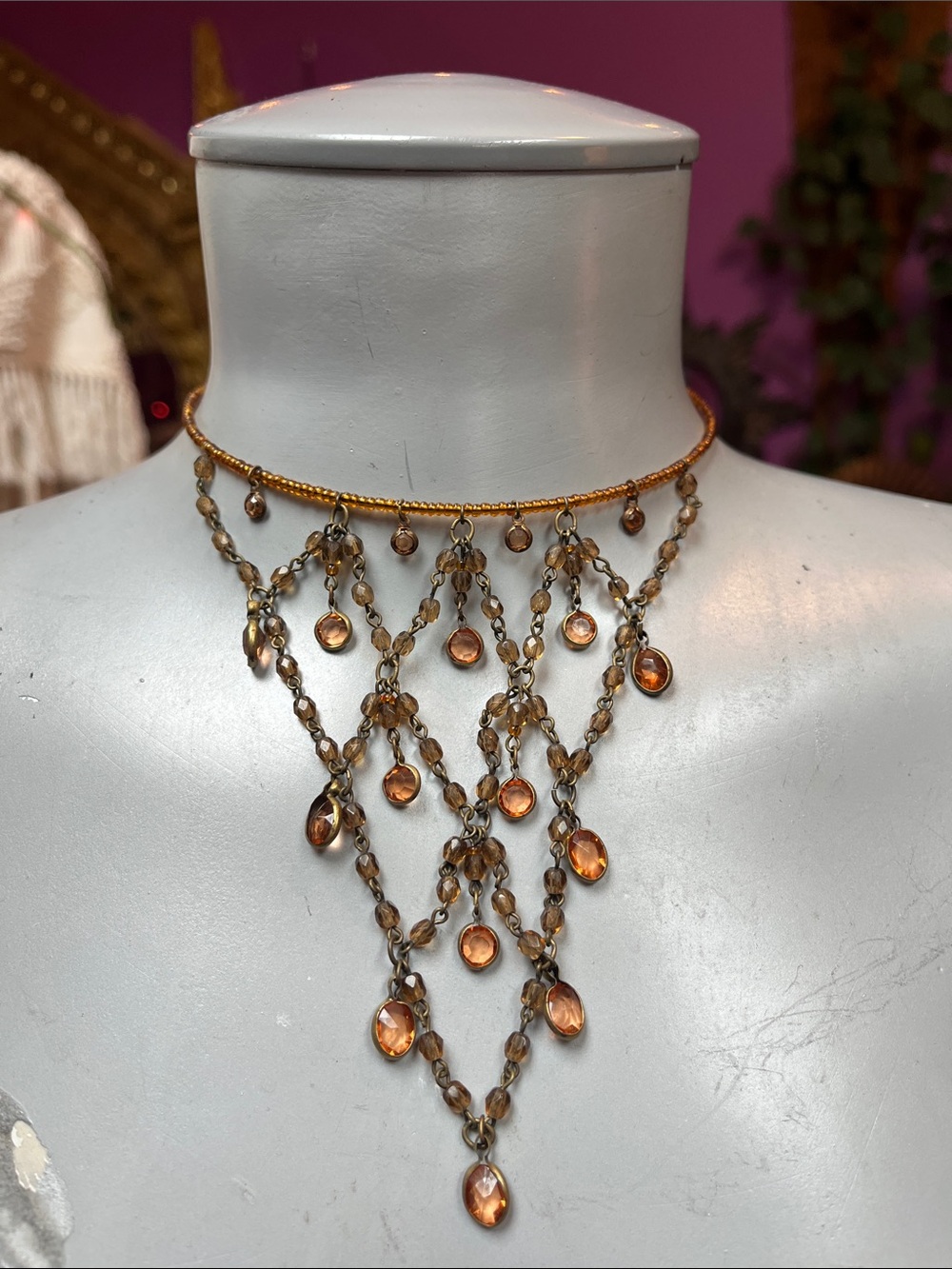 Vintage Y2K 2000s memory wire amber colored waterfall bib beaded necklace choker